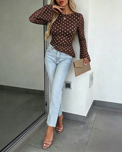 Women's Polka Dot Mesh Top Flare Long Sleeve Boat Neck Lined Asymmetric Frill Hem Blouse Vintage Party Shirt