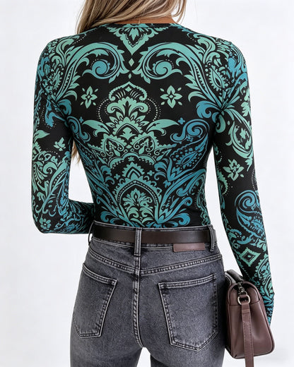 Women's Vintage Print Long Sleeve Top Slim Fit Crewneck Tee Retro Stretchy Base Layer Shirt with Thumb Holes