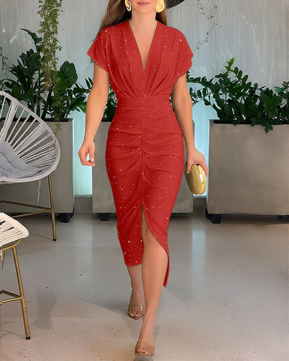 Women's Deep V Neck Glitter Bodycon Dress Ruched Batwing Sleeve High Slit Evening Gown Sparkly Cocktail Party Dress