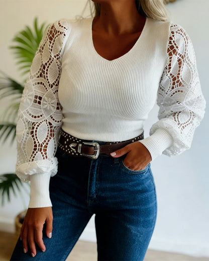 Women's V Neck Knit Top Lace Lantern Long Sleeve Pullover Ribbed Slim Fit Casual Sweater