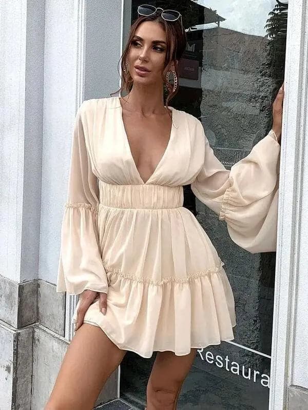 V-neck Ruffle Hem Vacation Dress