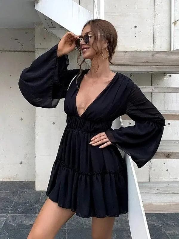 V-neck Ruffle Hem Vacation Dress