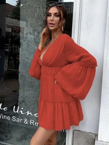 V-neck Ruffle Hem Vacation Dress