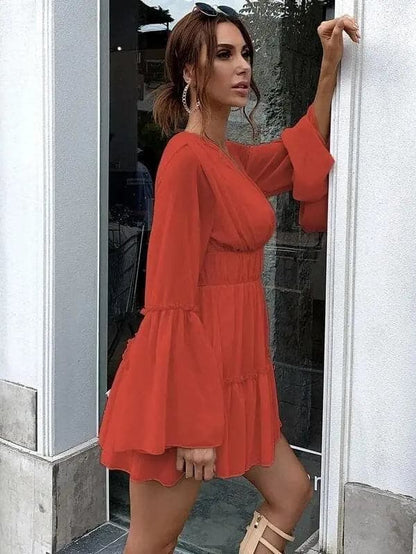 V-neck Ruffle Hem Vacation Dress