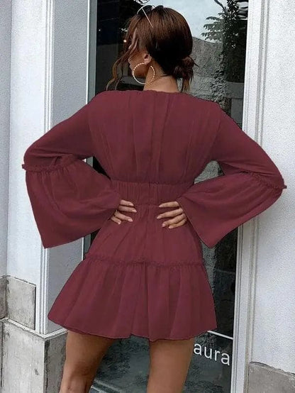 V-neck Ruffle Hem Vacation Dress