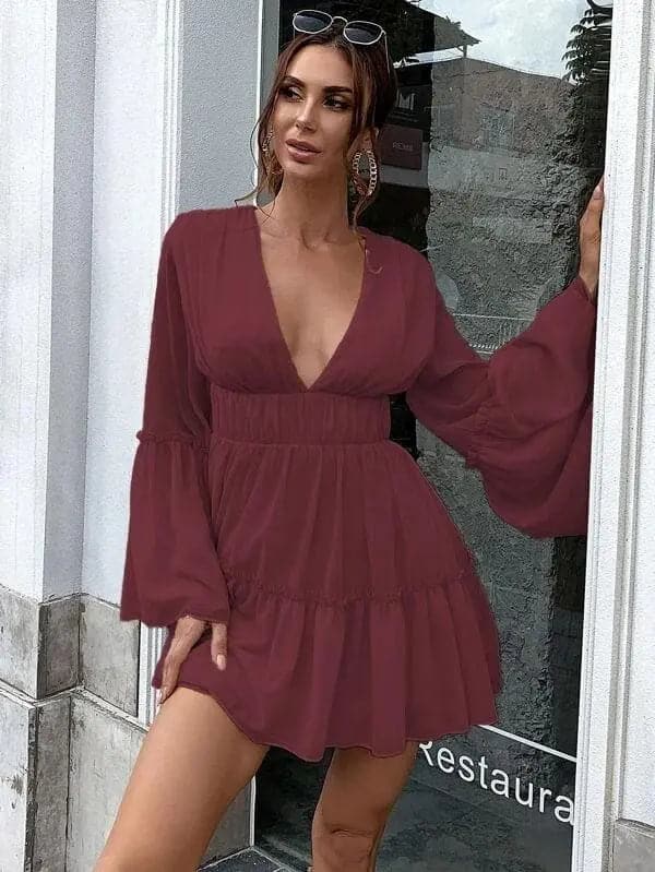 V-neck Ruffle Hem Vacation Dress