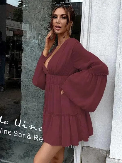 V-neck Ruffle Hem Vacation Dress
