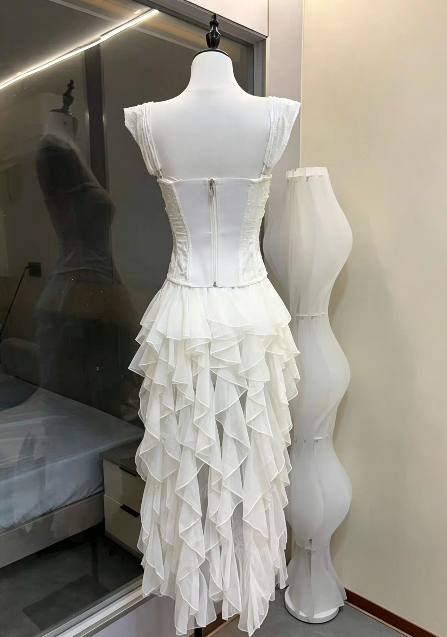 White Lace Corset & High-Low Ruffle Tulle Skirt Two-Piece Set
