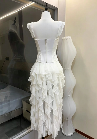 White Lace Corset & High-Low Ruffle Tulle Skirt Two-Piece Set