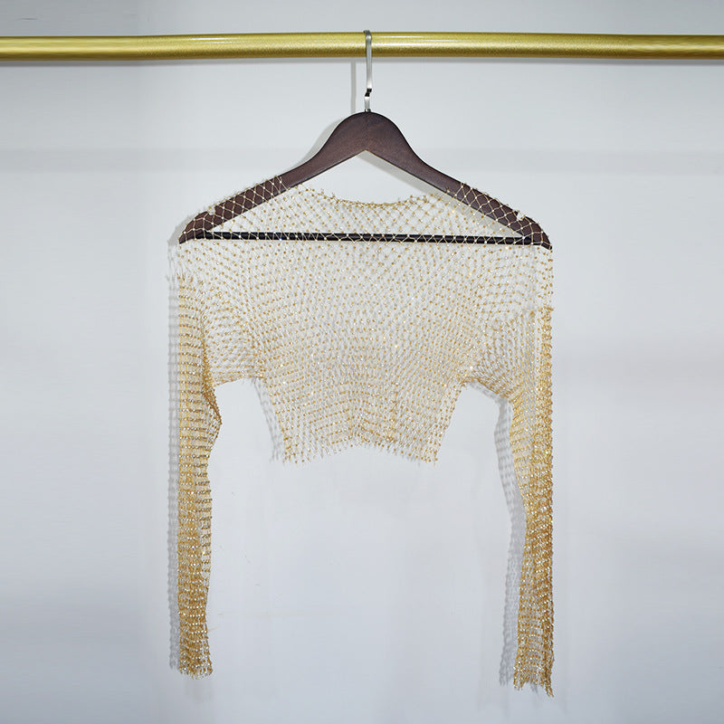 BLING LONG SLEEVE NET CROP TOP