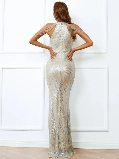 Cold Shoulder Beads Chain Cocktail Dress