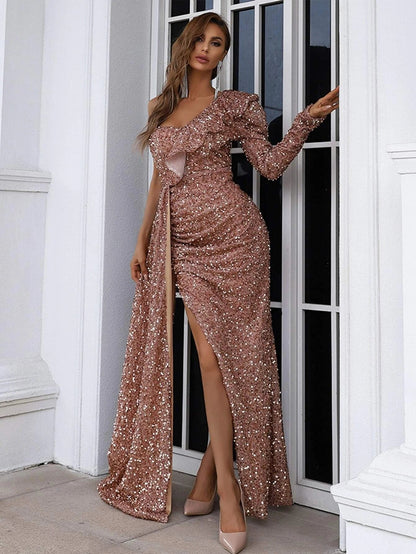 One Shoulder Split Sequin Maxi Prom Dress