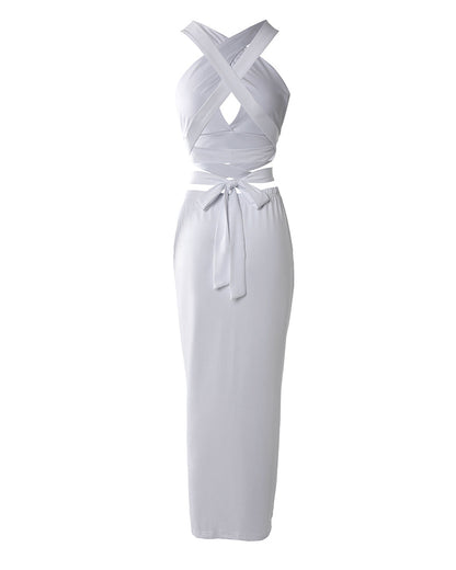 Women's Two Piece Set Criss Cross Halter Backless Crop Top and High Slit Ruched Skirt Sexy Matching Set