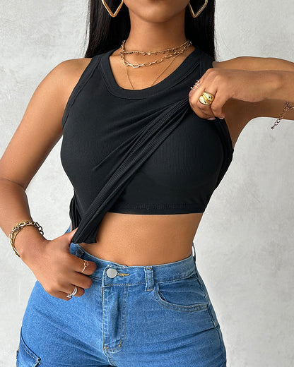Missysecret Built-in Bra Ribbed Round Neck Tank Top