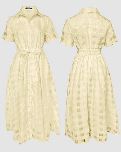 Women's Sheer Plaid Maxi Dress Short Sleeve Double Layer Swing Vacation Dress Elegant Flowy A Line Dress with Belt