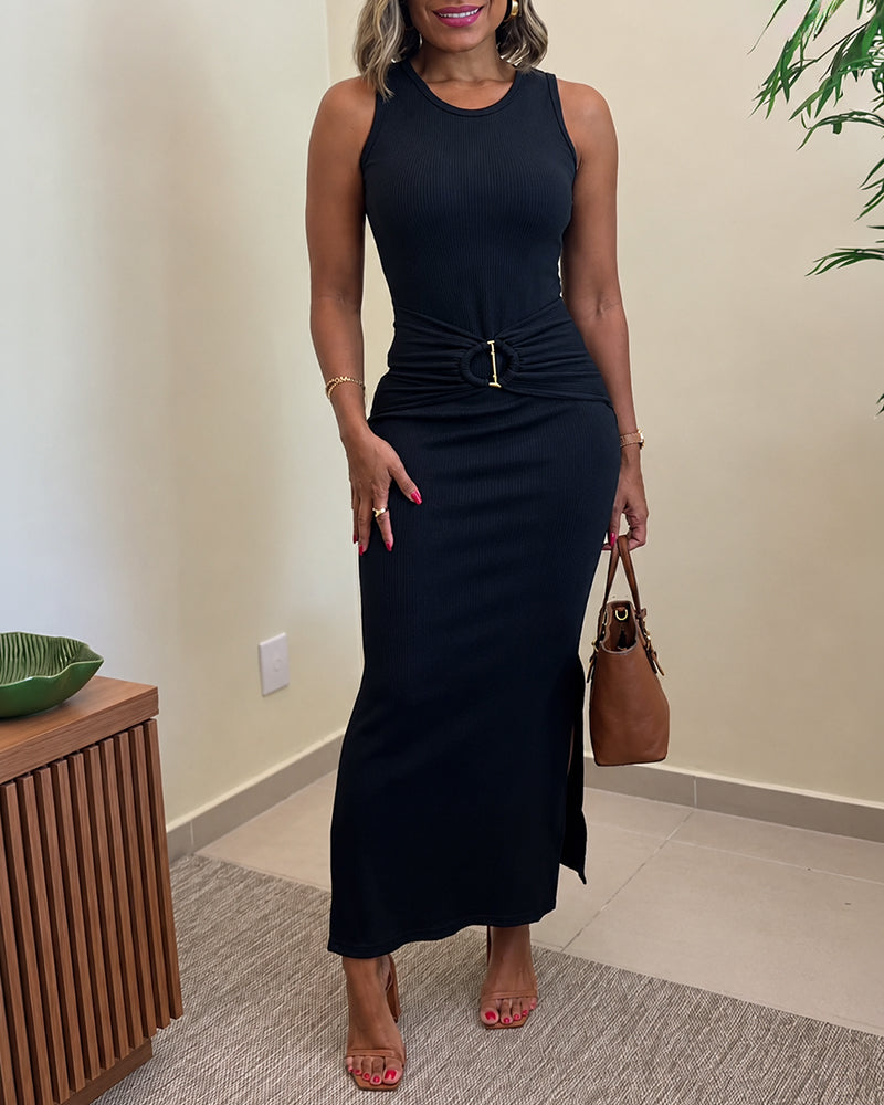 Women's Rib Knit Sleeveless Maxi Dress Ruched Gold Buckle High Waist Side Slit Bodycon Dress