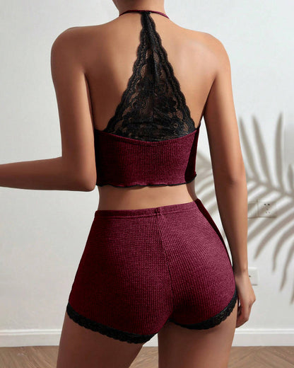 2 Pieces Colorblock Halter Contrast Lace Backless Tank Top & Waffle Knit Casual Shorts Sets