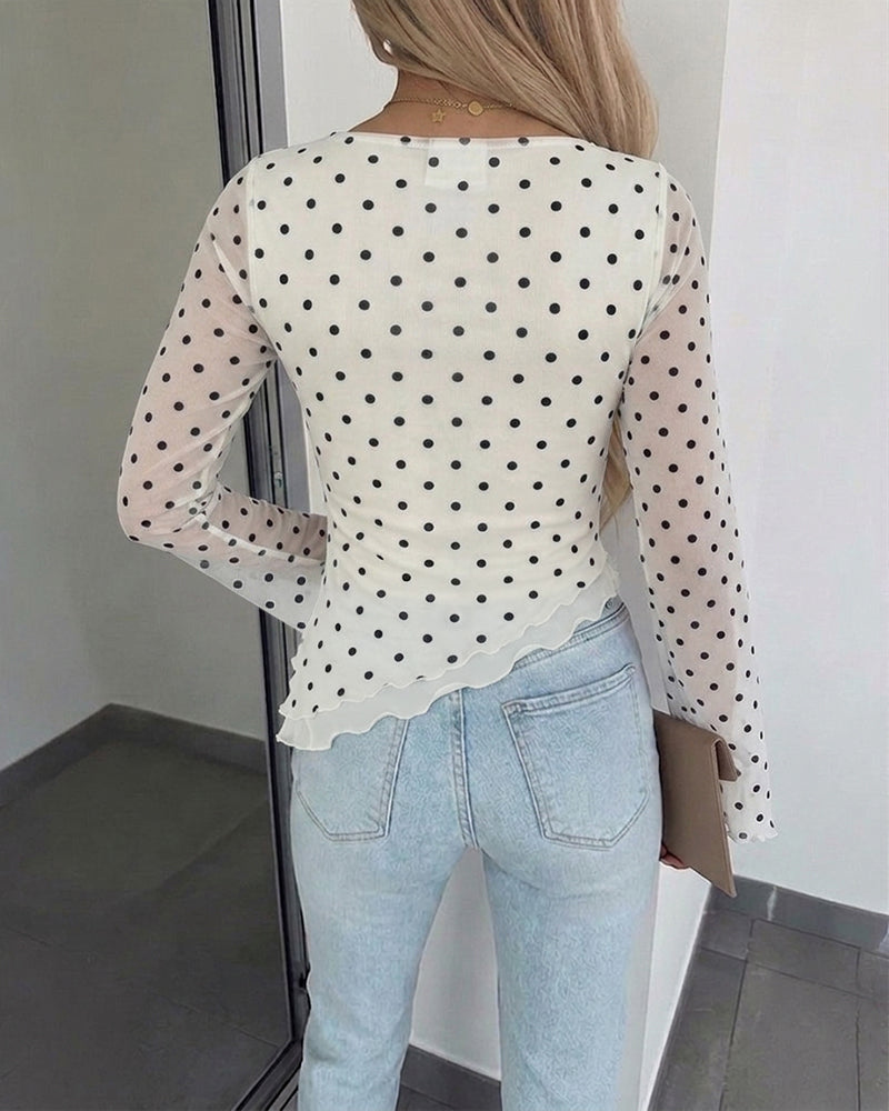Women's Polka Dot Mesh Top Flare Long Sleeve Boat Neck Lined Asymmetric Frill Hem Blouse Vintage Party Shirt