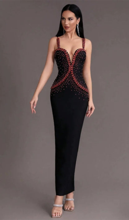 Embellished strappy split maxi dress
