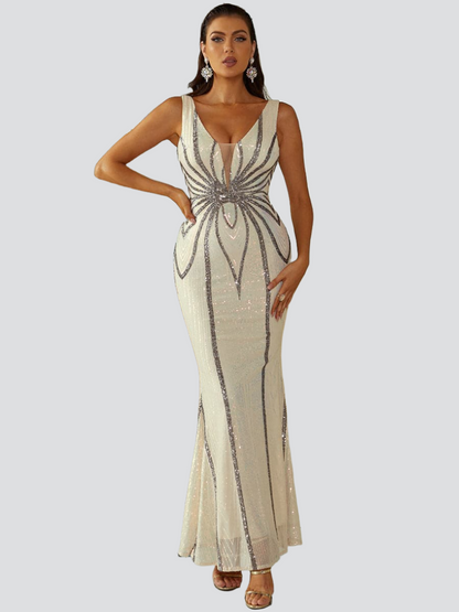 Sequin Graphic V-neck Prom Dress