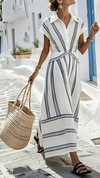 Women's Lapel-Collar Flared Dress with Front Placket
