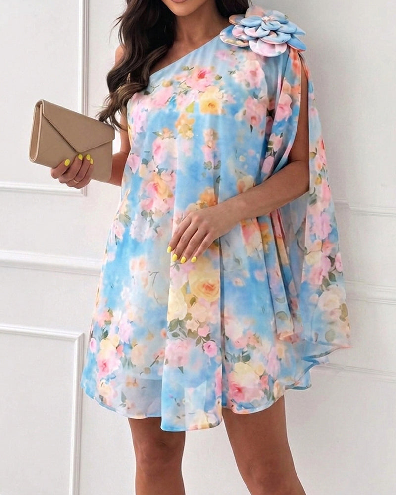 CHICME Women's Floral Print One-Shoulder Chiffon Dress 3D Floral Decor Split Sleeve Loose A-Line Mini Dress