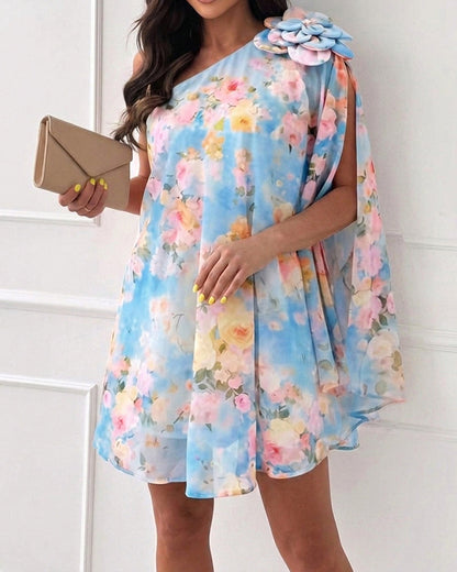 CHICME Women's Floral Print One-Shoulder Chiffon Dress 3D Floral Decor Split Sleeve Loose A-Line Mini Dress