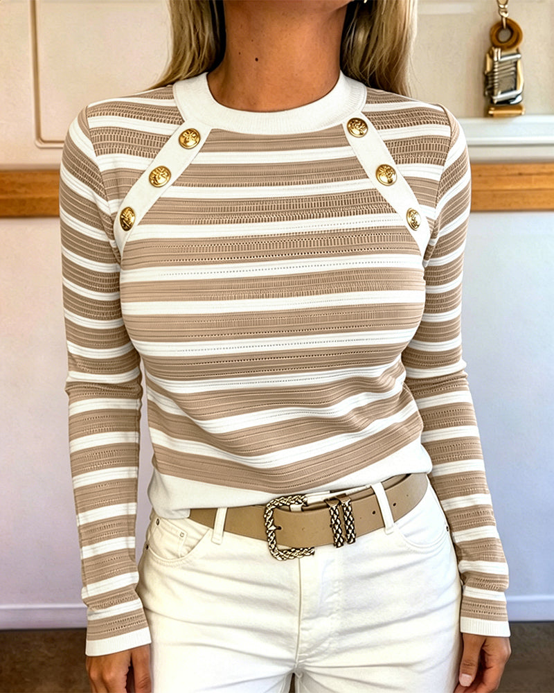 Women's Striped Knit Top Gold Button Long Sleeve Pullover Crewneck Slim Fit Knitwear Contrast Binding Sweater