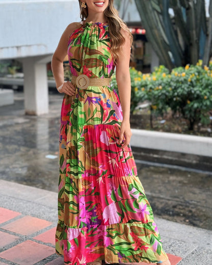Tropical Print Halter Ruched Sleeveless Maxi Dress Casual A Line Flowy Smock Dress