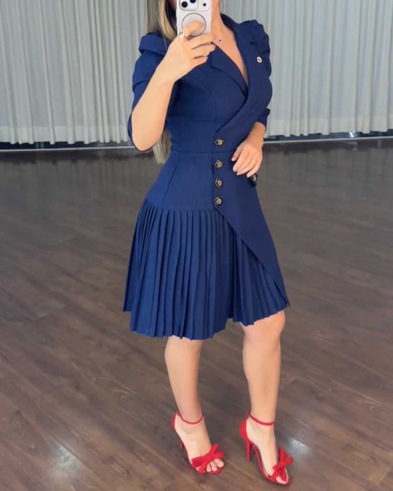 Women's Notch Lapel Blazer Dress Puff Sleeve Side Button Asymmetrical Pleated Hem A Line Work Dress