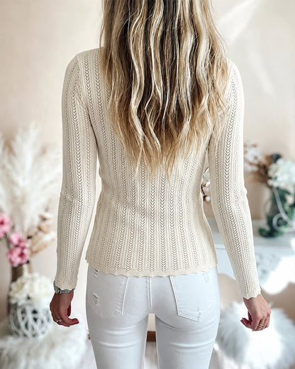 Women's Crossover V Neck Knit Top Side Button Ruched Long Sleeve Sweater Scallop Trim Slim Fit Casual Top