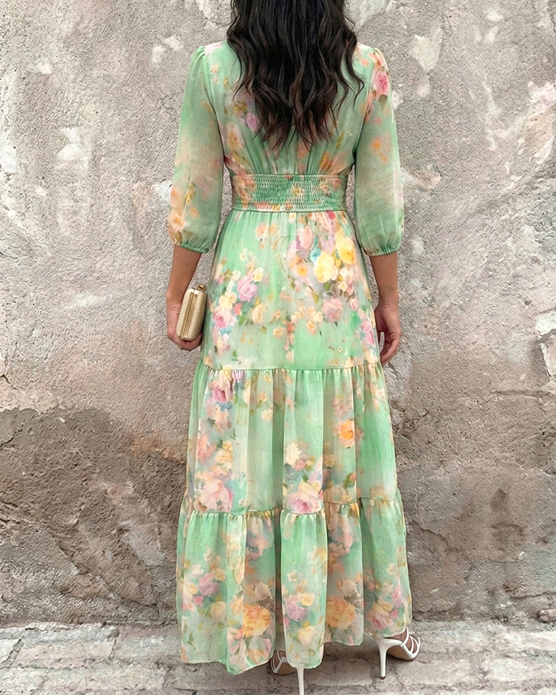 CHICME Women's Watercolor Floral V-Neck Shirred High Waist Maxi Dress Three Quarters Lantern Sleeve A-Line Ruffle Hem Chiffon Vacation Dress