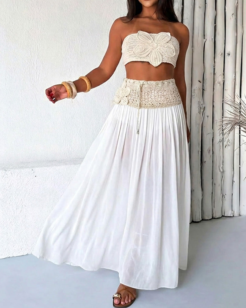 Women's Floral Crochet Two Piece Outfit Tube Top and Drawstring Sheer Maxi Skirt Set with Shorts