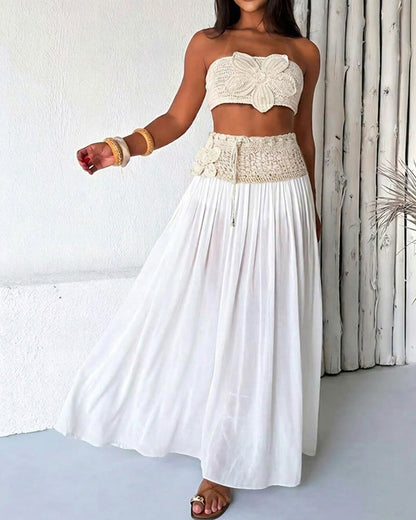 Women's Floral Crochet Two Piece Outfit Tube Top and Drawstring Sheer Maxi Skirt Set with Shorts
