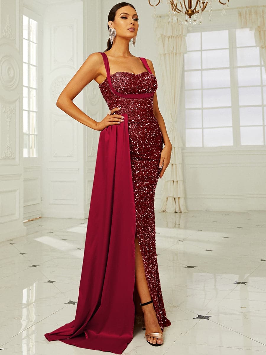 Ribbon Corset Sequin Maxi Prom Dress