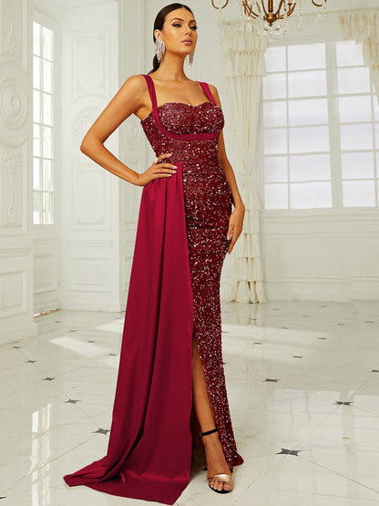 Ribbon Corset Sequin Maxi Prom Dress
