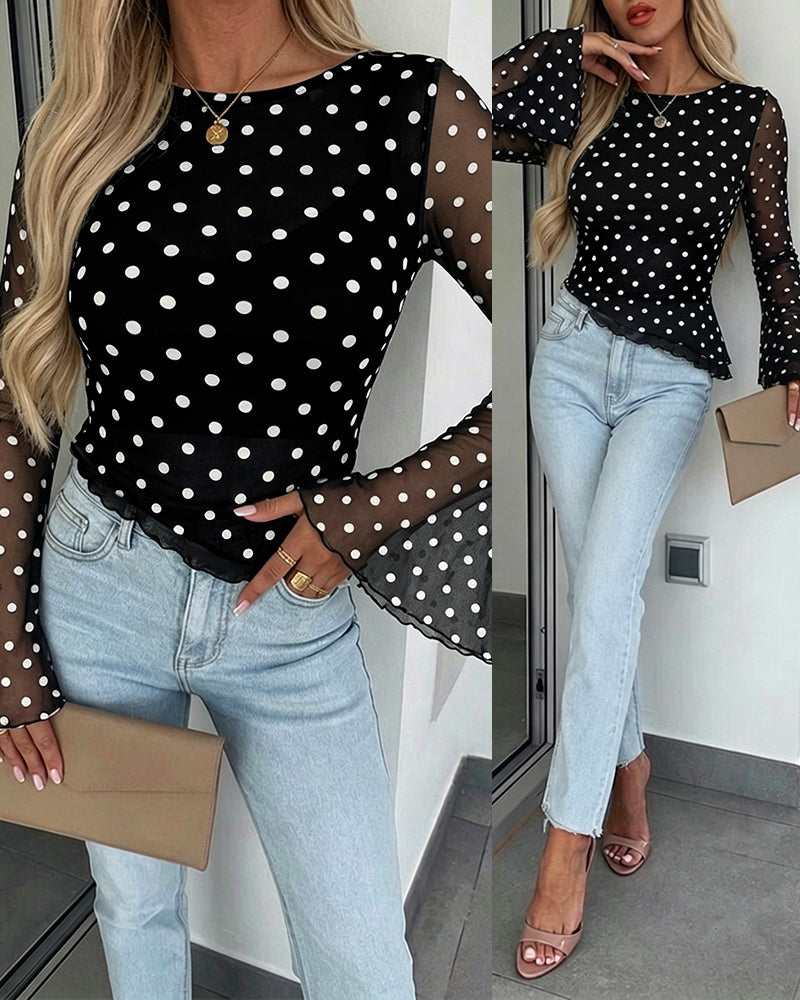 Women's Polka Dot Mesh Top Flare Long Sleeve Boat Neck Lined Asymmetric Frill Hem Blouse Vintage Party Shirt