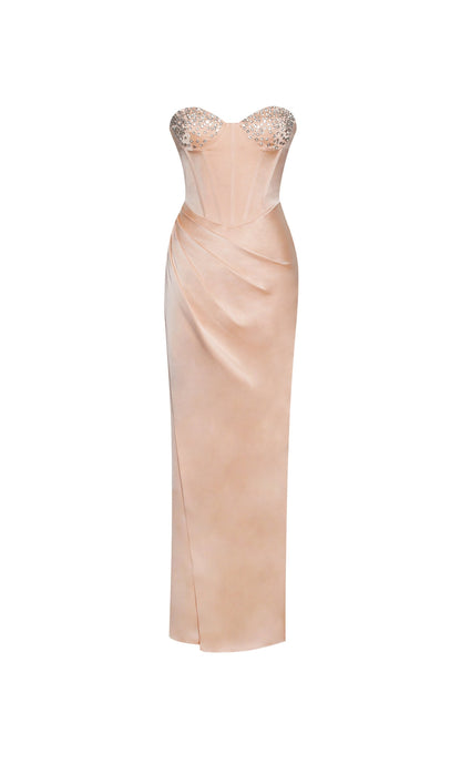 Satin embellished split maxi dress in champagne