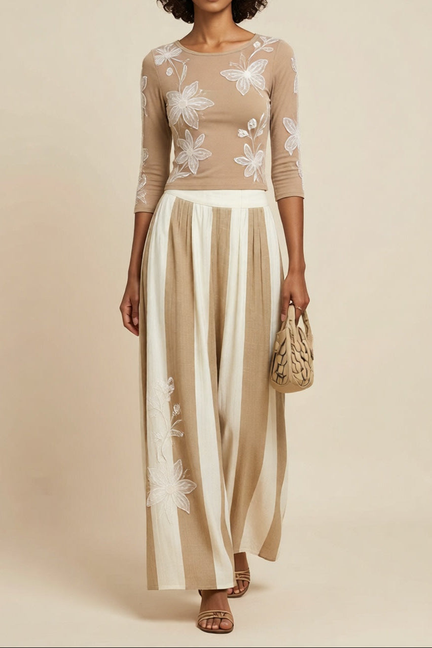 Khaki Round Neck 3/4 Sleeve Floral Top Striped Wide Leg Pants Two-Piece Set