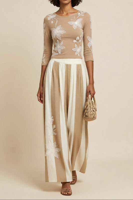 Khaki Round Neck 3/4 Sleeve Floral Top Striped Wide Leg Pants Two-Piece Set