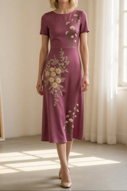 Dusty Purple Round Neck Short Sleeve Asymmetrical 3D Cream Rose Floral Embroidery Slim Flared Midi Dress