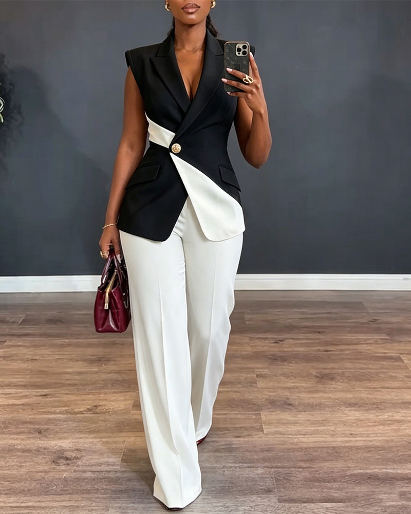 Women's Colorblock 2 Piece Suit Asymmetric Blazer Vest and High Waisted Straight Leg Pants Elegant Business Outfit