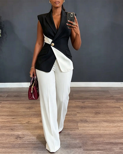 Women's Colorblock 2 Piece Suit Asymmetric Blazer Vest and High Waisted Straight Leg Pants Elegant Business Outfit