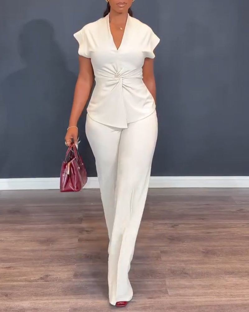 Women's 2 Piece Outfits V Neck Twist Front Slit Top and High Waisted Straight Leg Pants Set Commute Business Casual Suit