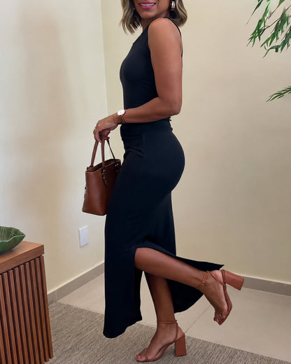 Women's Rib Knit Sleeveless Maxi Dress Ruched Gold Buckle High Waist Side Slit Bodycon Dress
