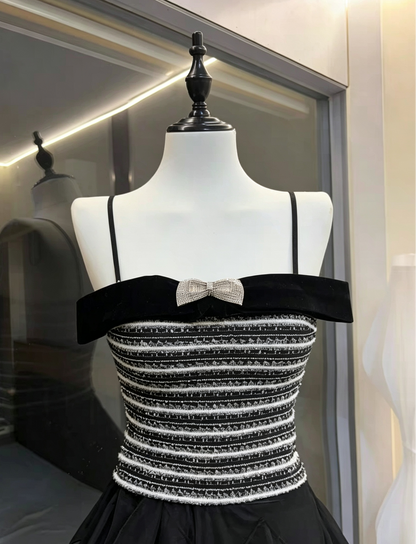 Rhinestone Bow Tweed Top & High-Low Ruffle Tulle Skirt Two-Piece Set