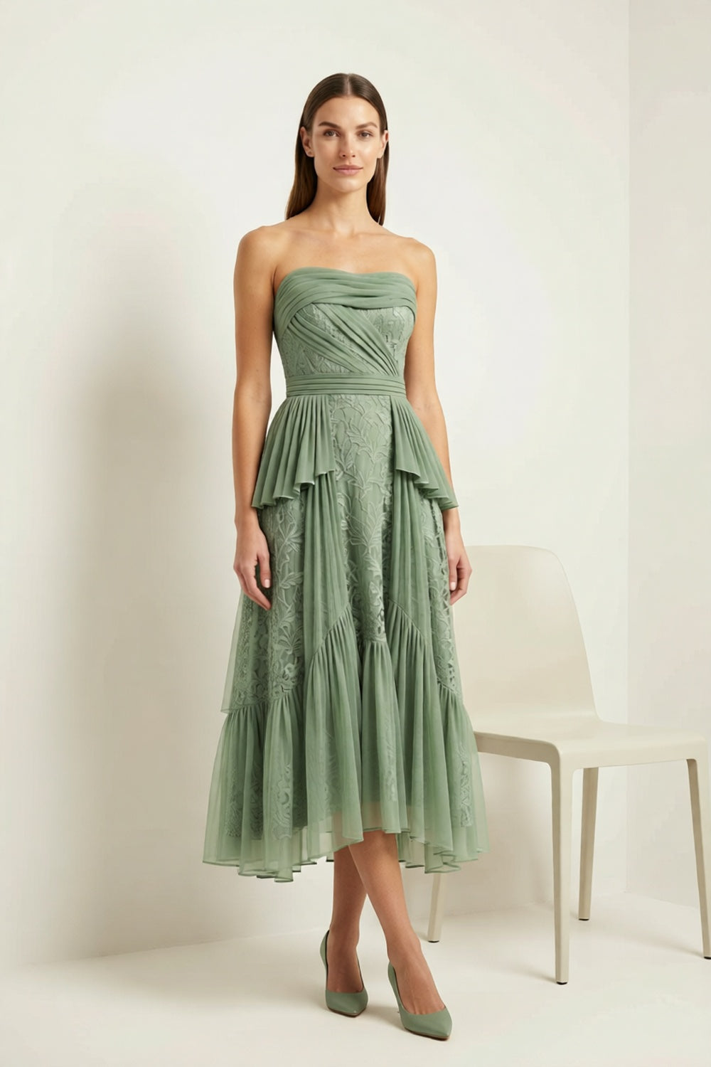 Sea-Glass Green Strapless Midi Dress sea-glass green matte crepe, compact viscose or washed satin with low shine Midi Dress - product view 5