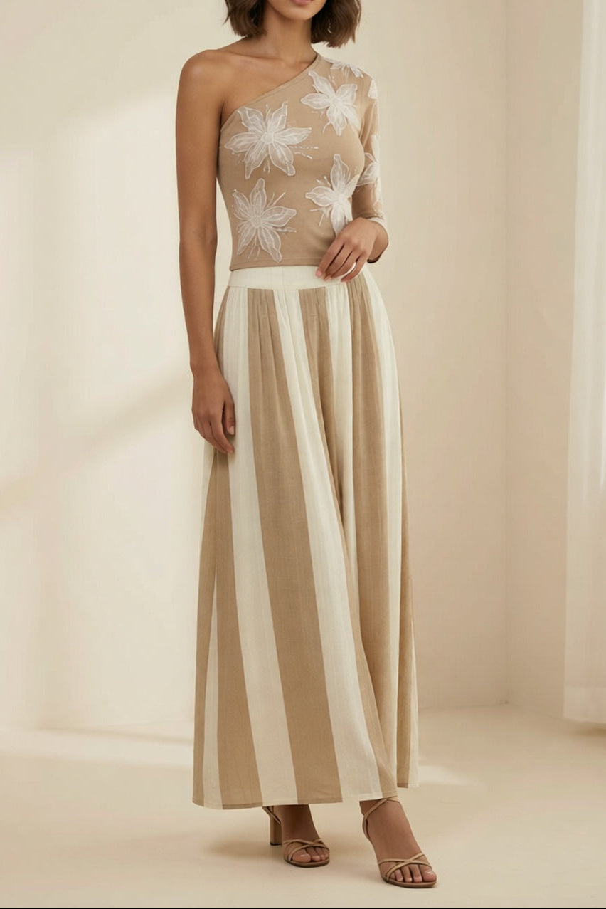 Khaki One Shoulder 3D Floral Top Striped Wide Leg Pants Two-Piece Set