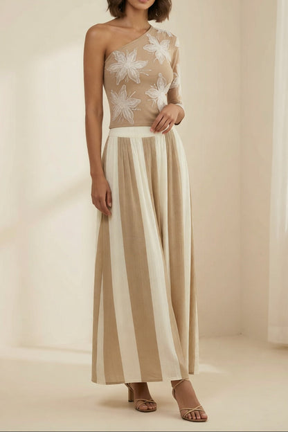 Khaki One Shoulder 3D Floral Top Striped Wide Leg Pants Two-Piece Set