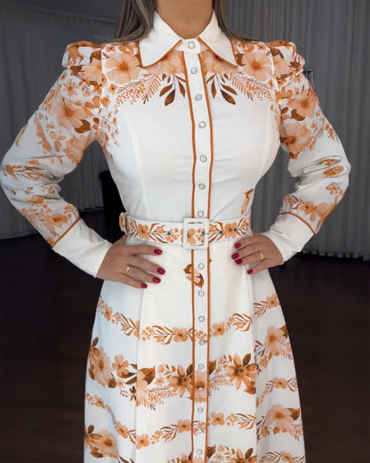 Floral Placement Print Turn-down Collar Puff Sleeve Vacation Dress Casual Button Down Shirt Dress With Belt and Lining